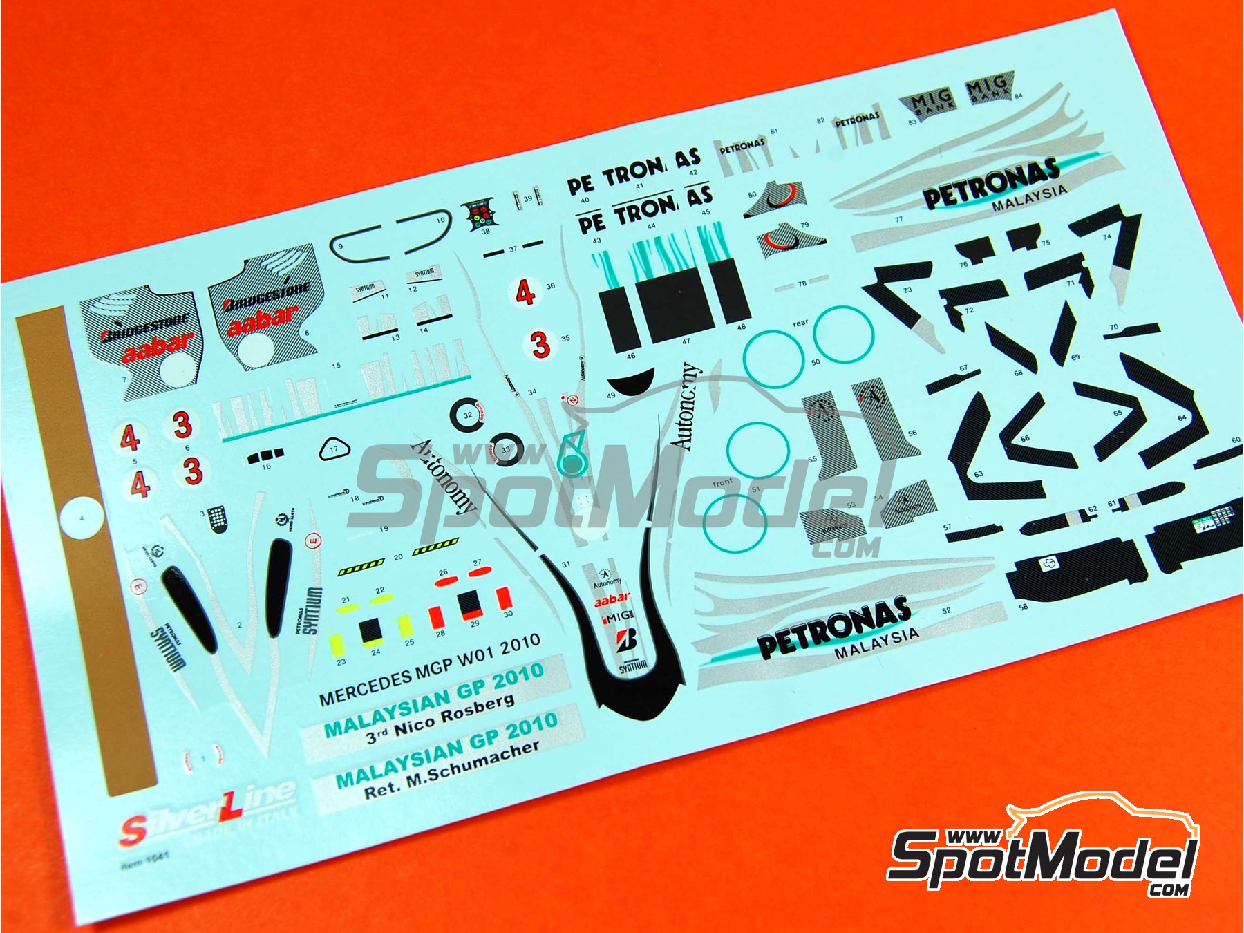 Mercedes-Benz GP MGP W01 sponsored by Petronas Malaysia - Malaysia Formula  1 Grand Prix 2010. Car scale model kit in 1/43 scale manufactured by Tameo